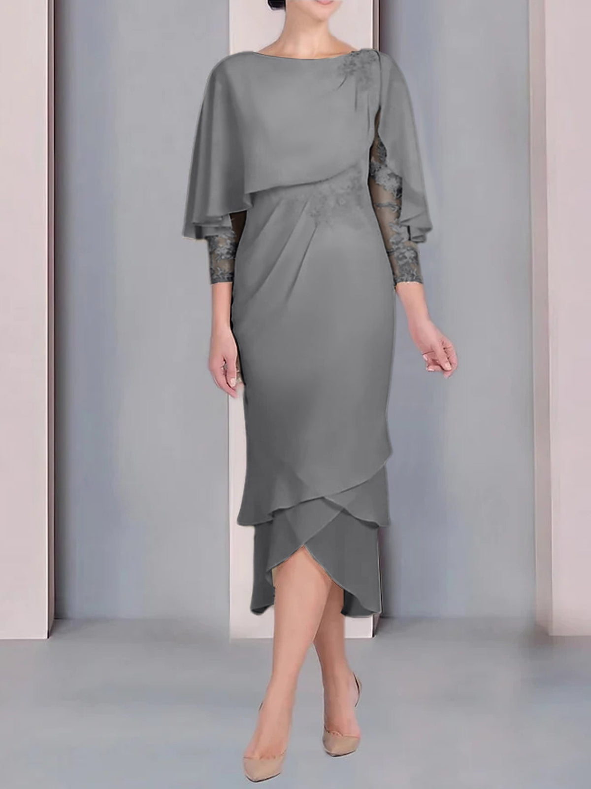 Tea Length Mother of the Bride Dress with Scoop Neck Short Sleeves and Appliqued Lace