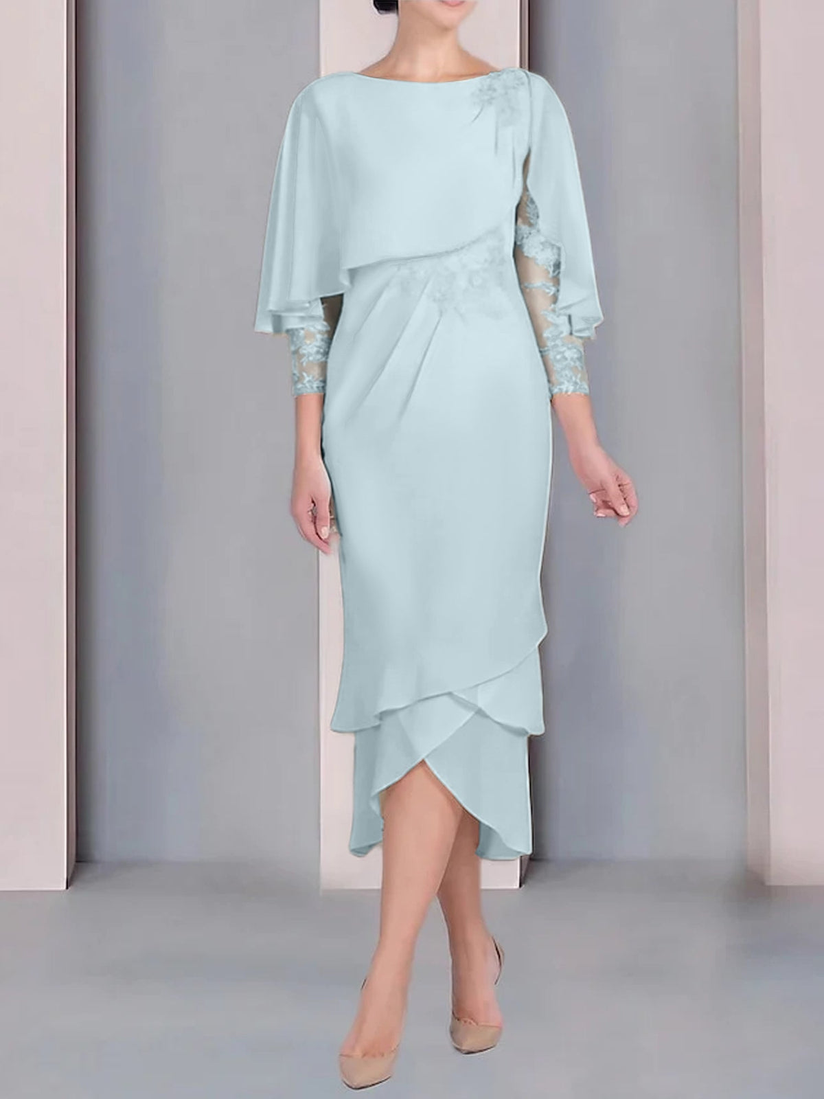 Tea Length Mother of the Bride Dress with Scoop Neck Short Sleeves and Appliqued Lace