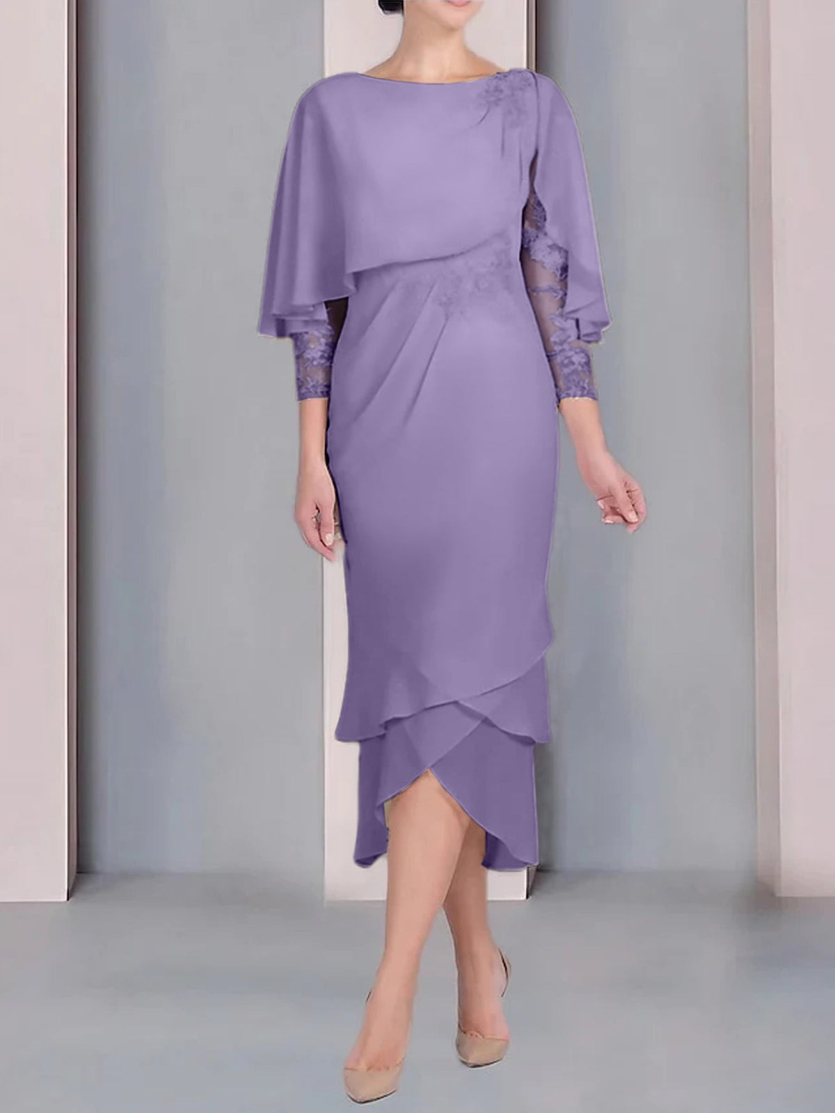 Tea Length Mother of the Bride Dress with Scoop Neck Short Sleeves and Appliqued Lace
