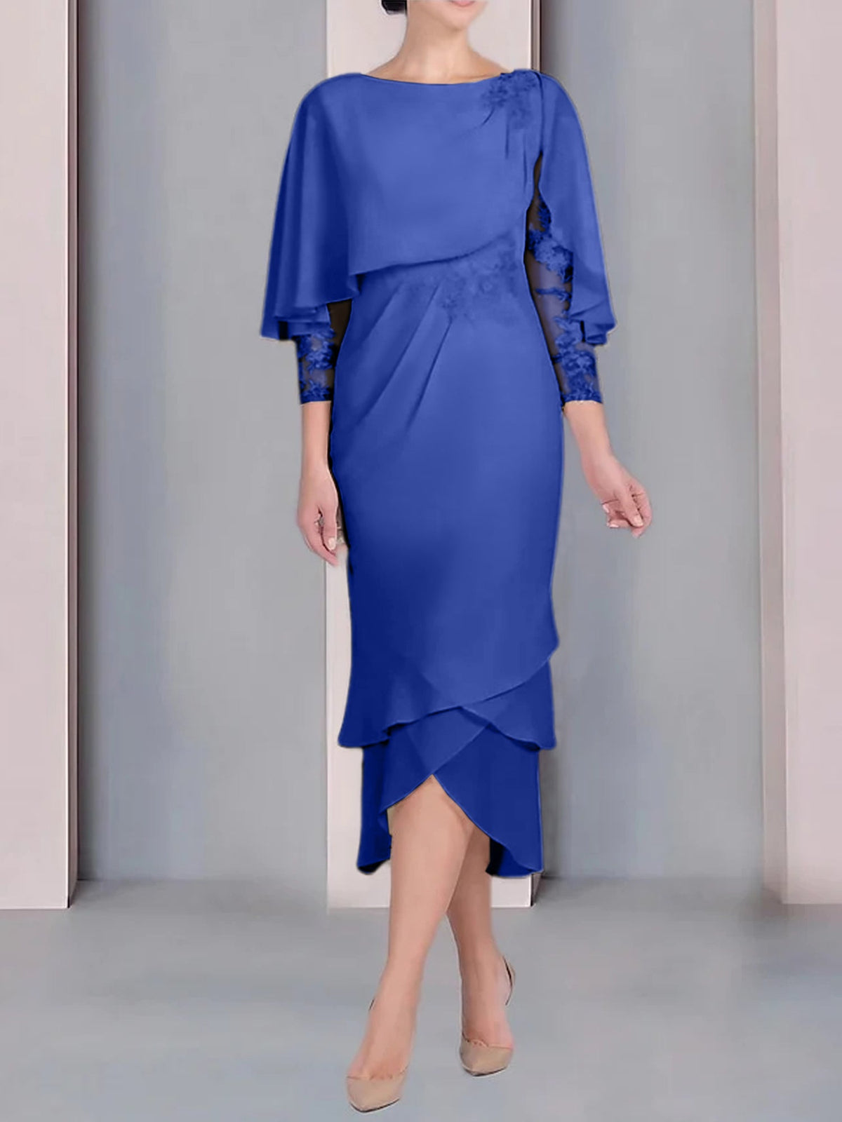 Tea Length Mother of the Bride Dress with Scoop Neck Short Sleeves and Appliqued Lace