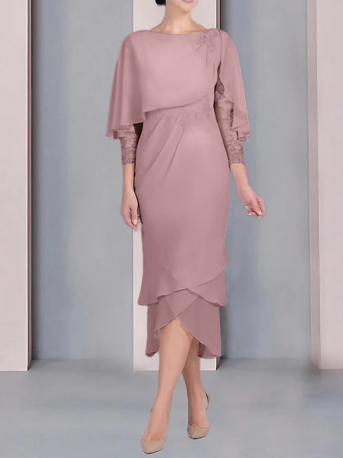 Tea Length Mother of the Bride Dress with Scoop Neck Short Sleeves and Appliqued Lace