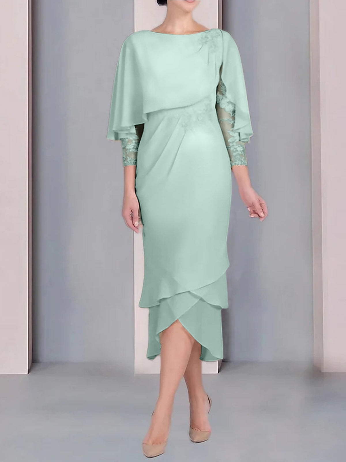 Tea Length Mother of the Bride Dress with Scoop Neck Short Sleeves and Appliqued Lace