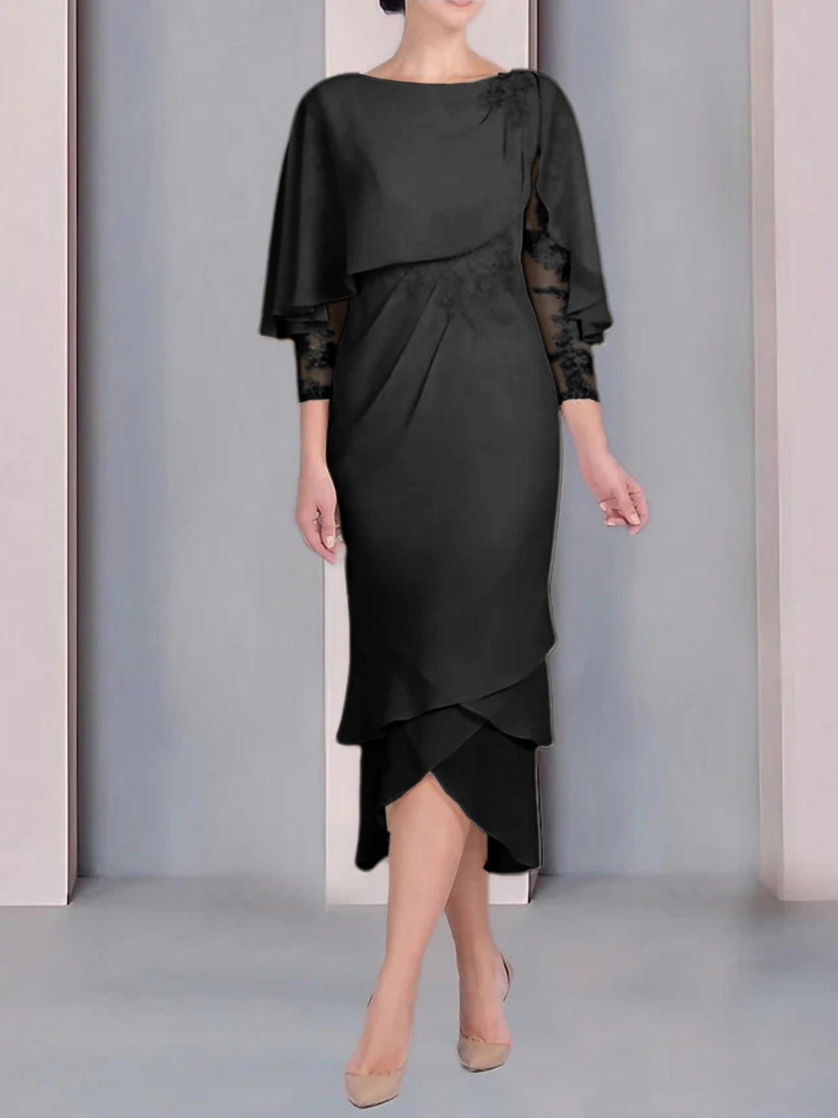 Tea Length Mother of the Bride Dress with Scoop Neck Short Sleeves and Appliqued Lace