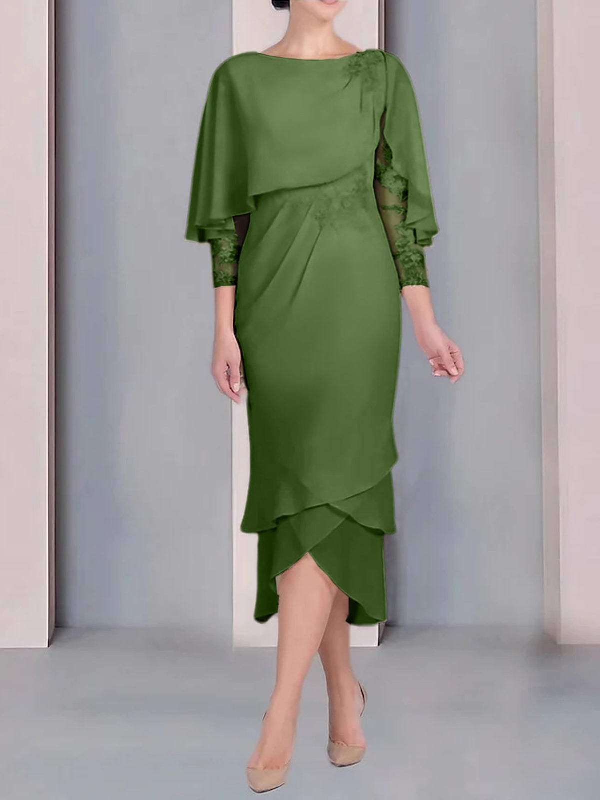 Tea Length Mother of the Bride Dress with Scoop Neck Short Sleeves and Appliqued Lace