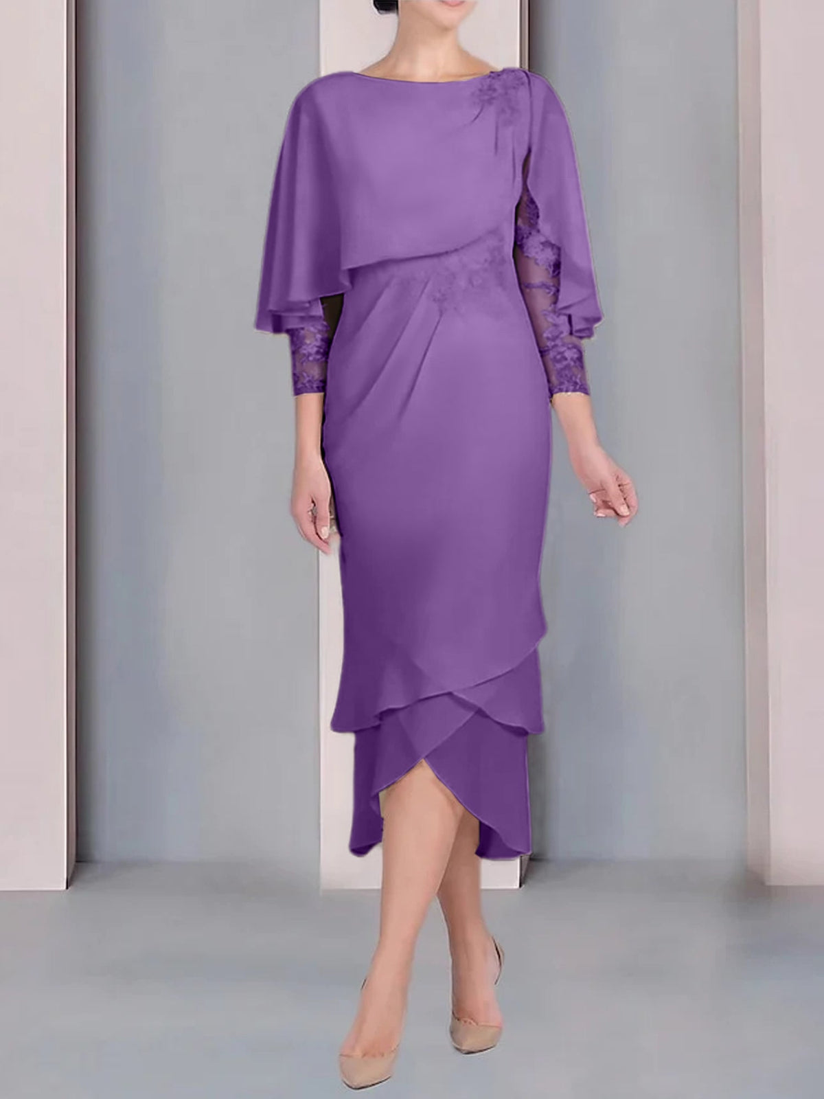 Tea Length Mother of the Bride Dress with Scoop Neck Short Sleeves and Appliqued Lace