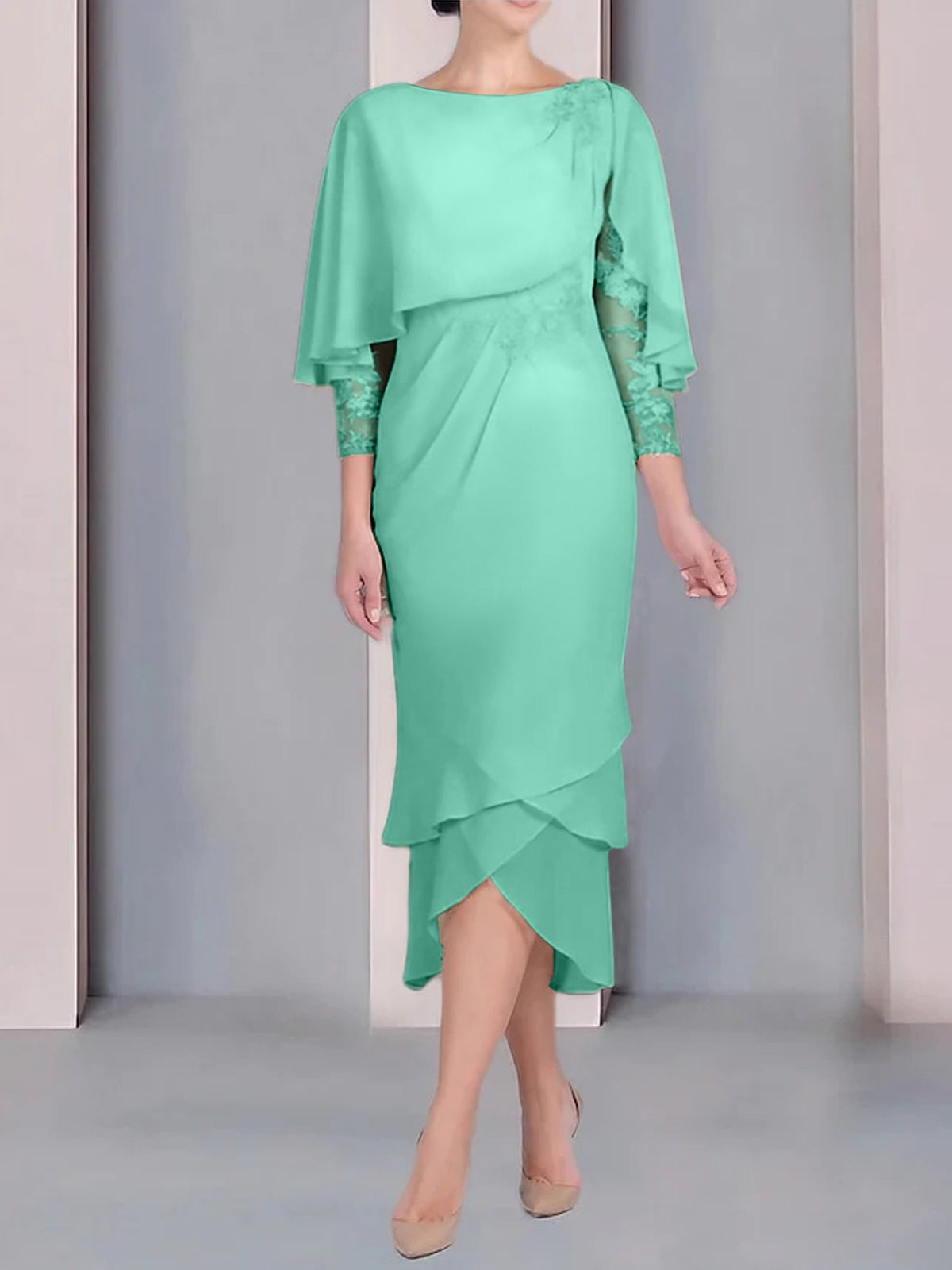 Tea Length Mother of the Bride Dress with Scoop Neck Short Sleeves and Appliqued Lace