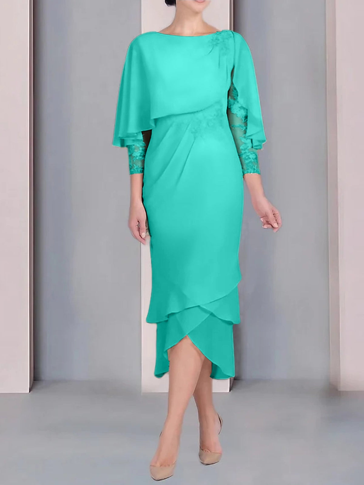 Tea Length Mother of the Bride Dress with Scoop Neck Short Sleeves and Appliqued Lace
