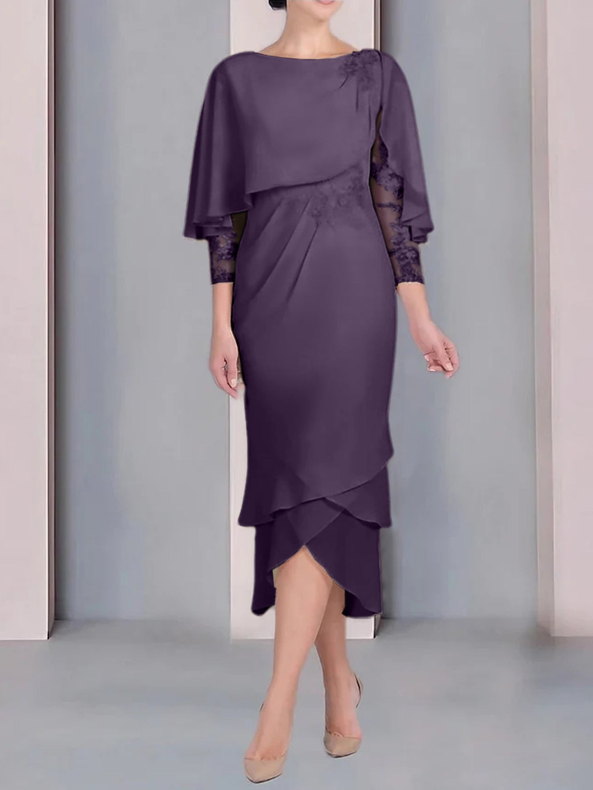 Tea Length Mother of the Bride Dress with Scoop Neck Short Sleeves and Appliqued Lace