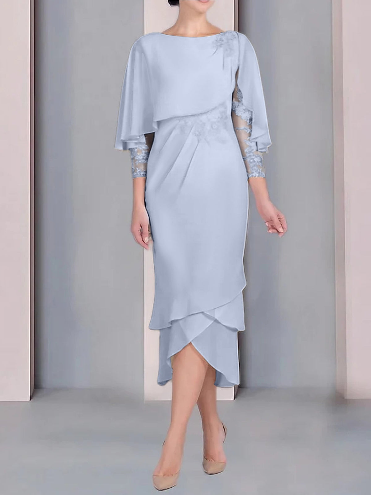Tea Length Mother of the Bride Dress with Scoop Neck Short Sleeves and Appliqued Lace