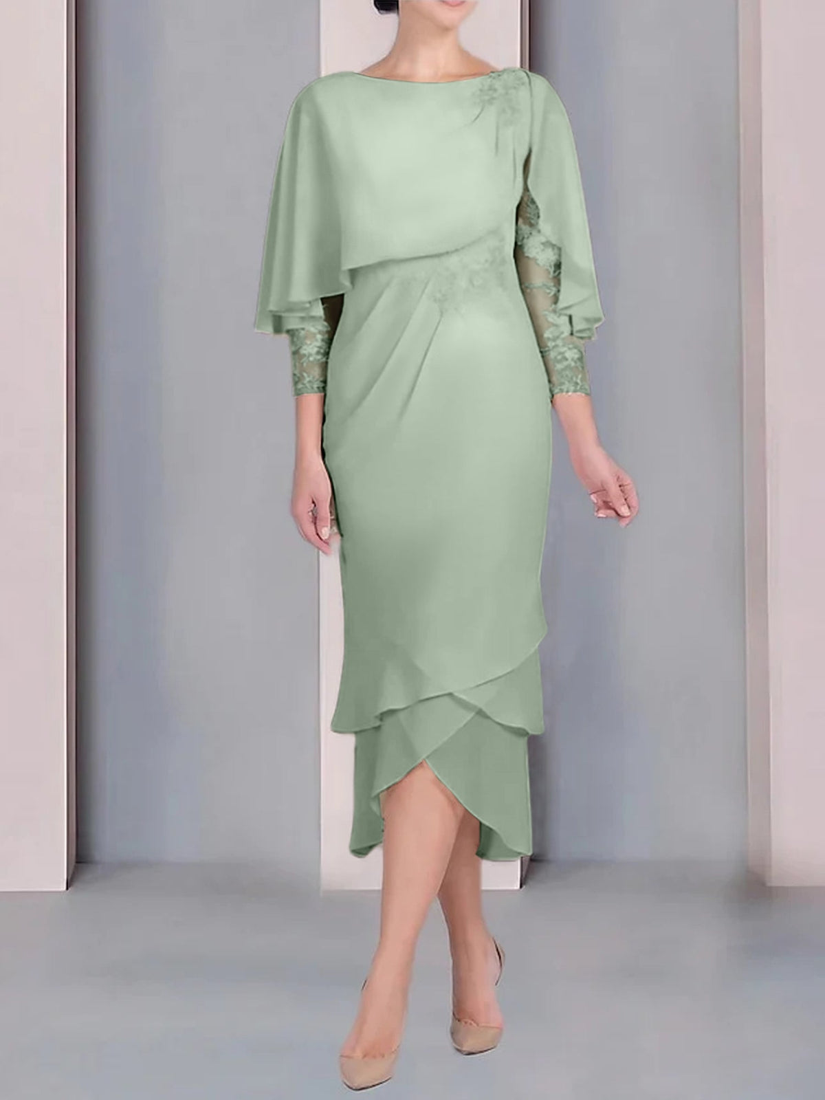 Tea Length Mother of the Bride Dress with Scoop Neck Short Sleeves and Appliqued Lace