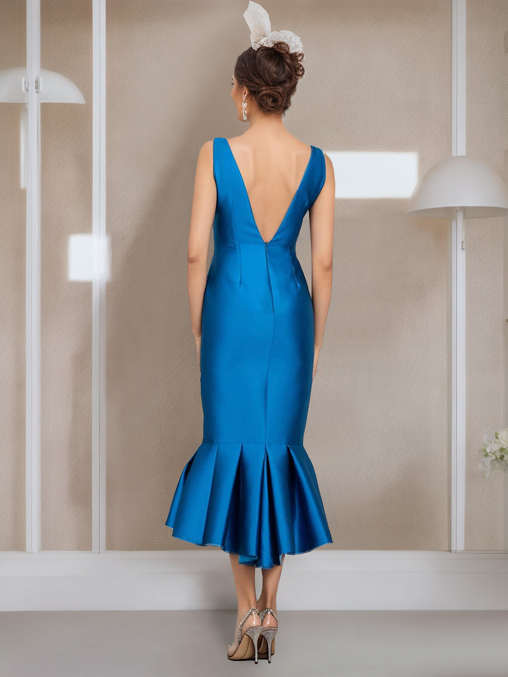 Tea Length Mother of the Bride Dress with Buttons Jewel Neck and Half Sleeves in Mermaid Trumpet Style