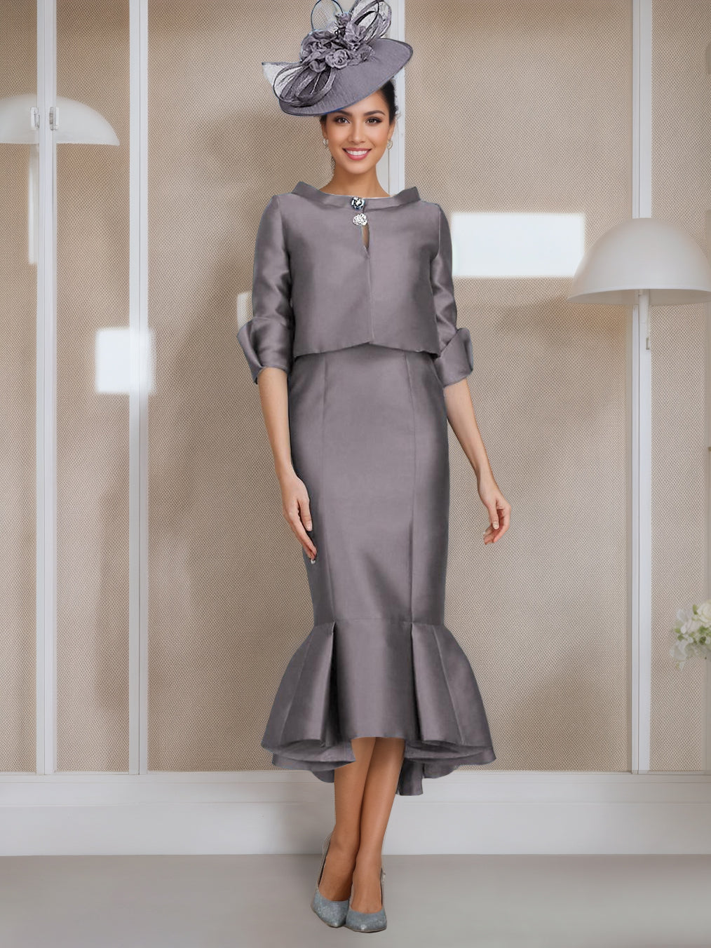 Tea Length Mother of the Bride Dress with Buttons Jewel Neck and Half Sleeves in Mermaid Trumpet Style