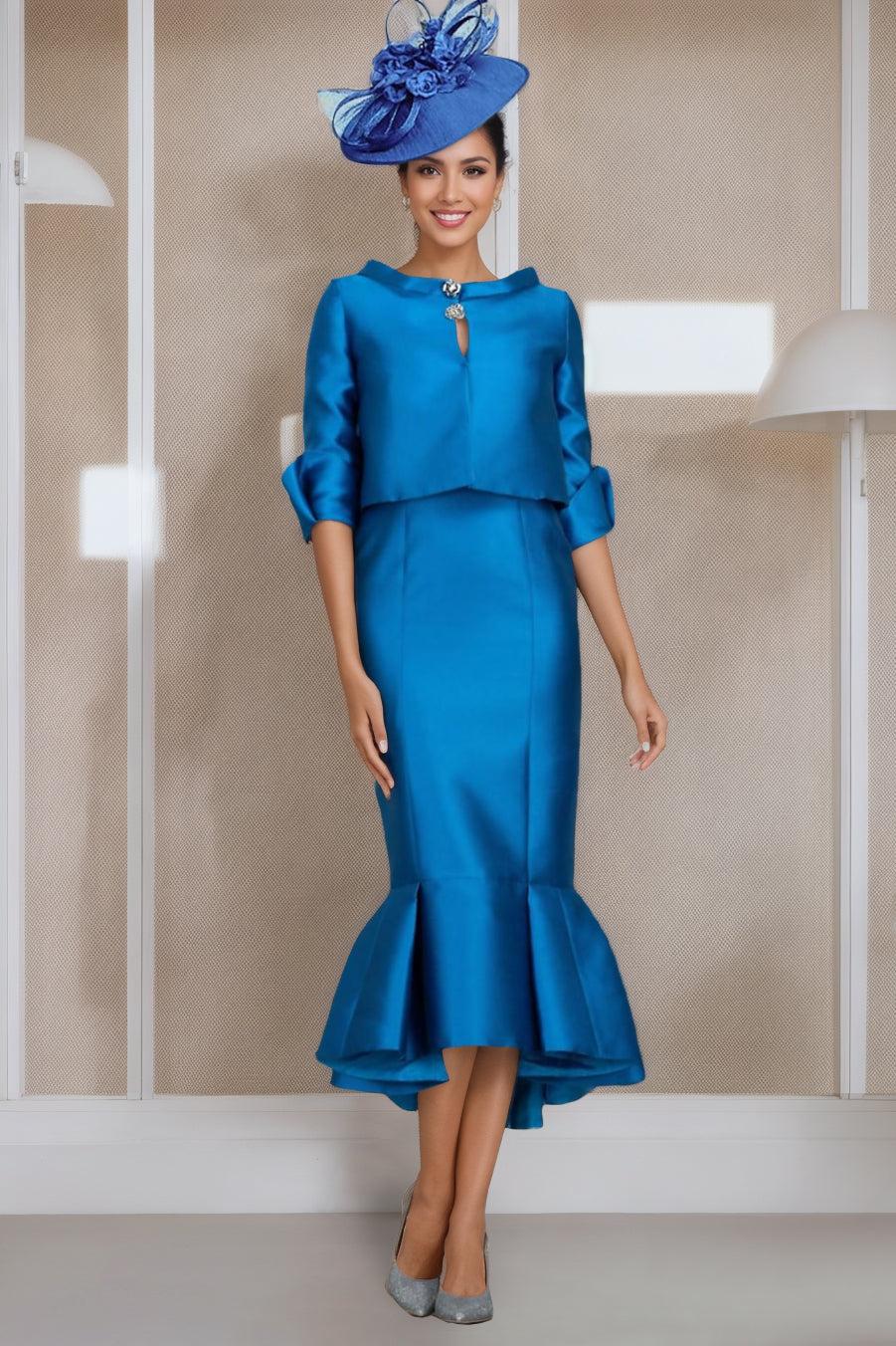 Tea Length Mother of the Bride Dress with Buttons Jewel Neck and Half Sleeves in Mermaid Trumpet Style