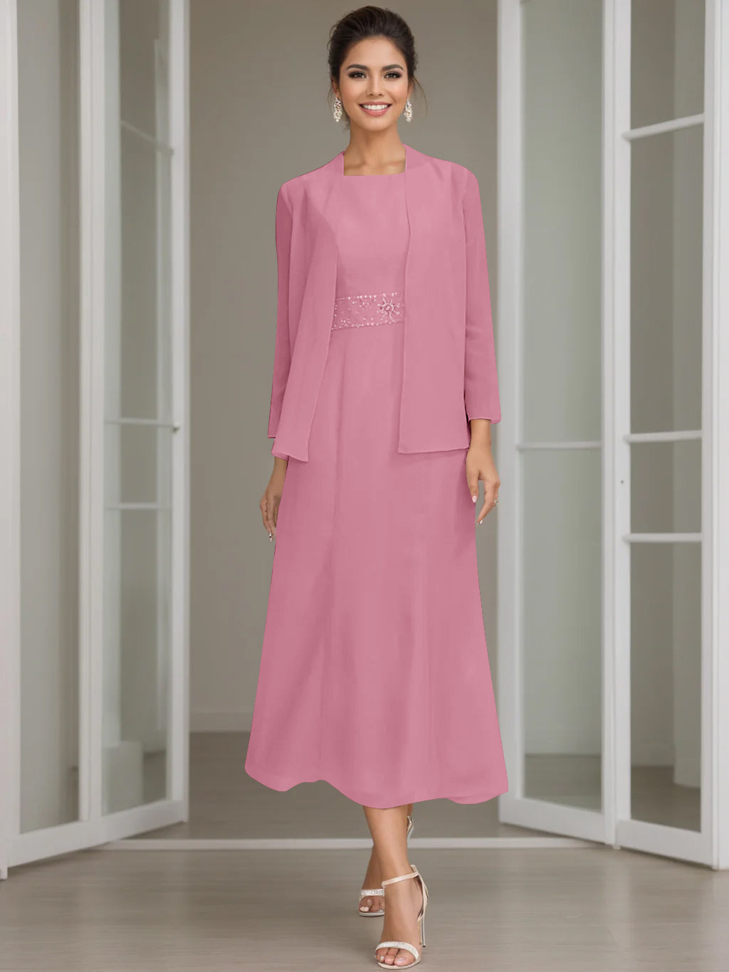 Tea Length Mother of the Bride Sheath Dress with Beaded Jacket