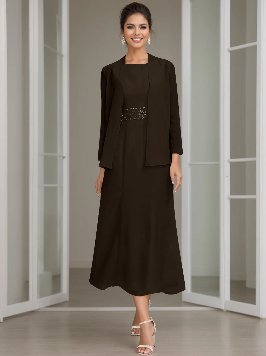Tea Length Mother of the Bride Sheath Dress with Beaded Jacket