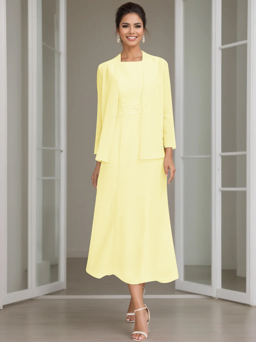 Tea Length Mother of the Bride Sheath Dress with Beaded Jacket