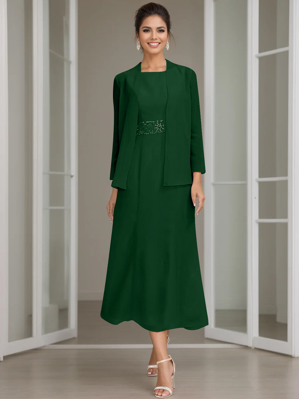 Tea Length Mother of the Bride Sheath Dress with Beaded Jacket