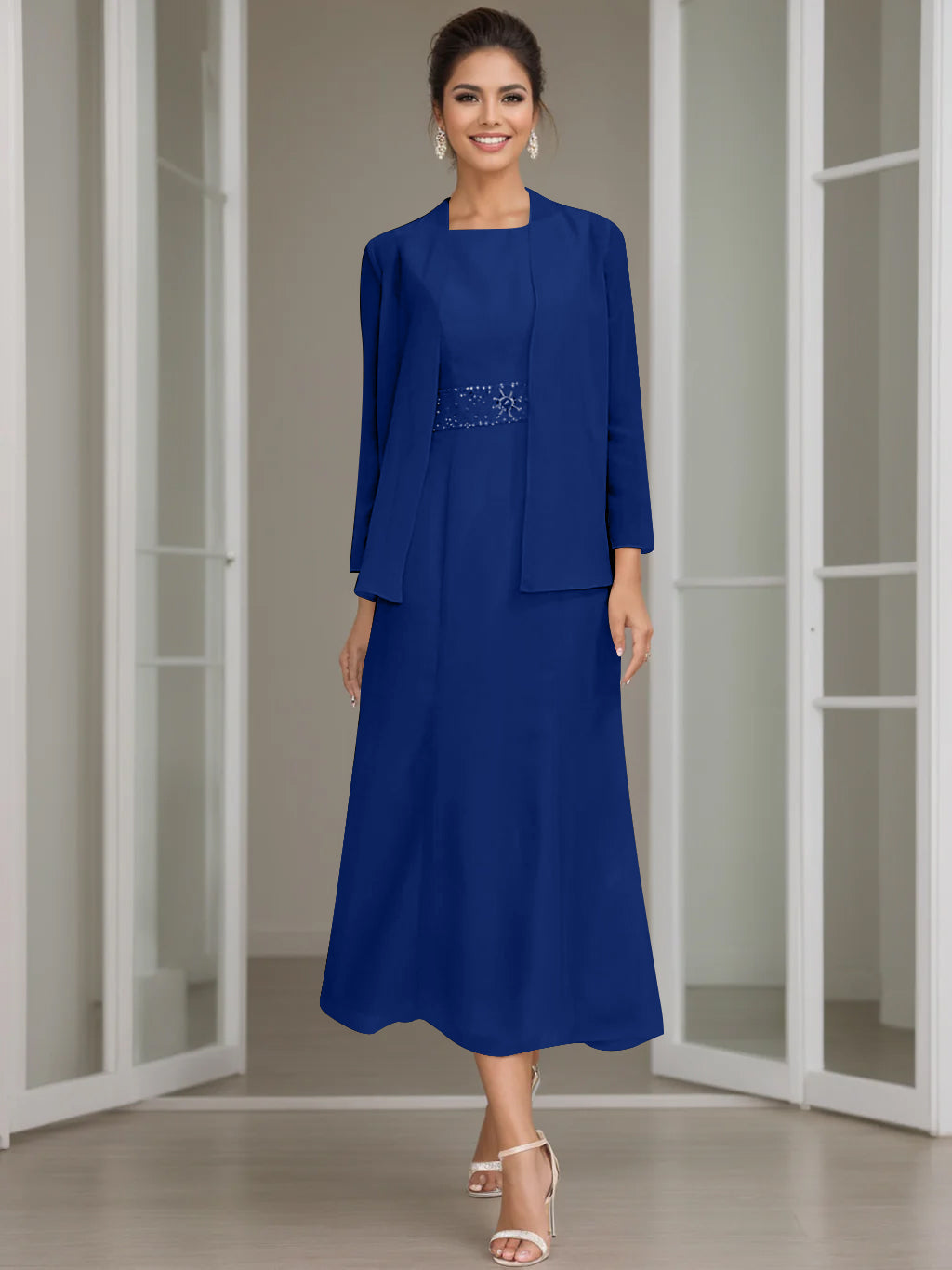 Tea Length Mother of the Bride Sheath Dress with Beaded Jacket