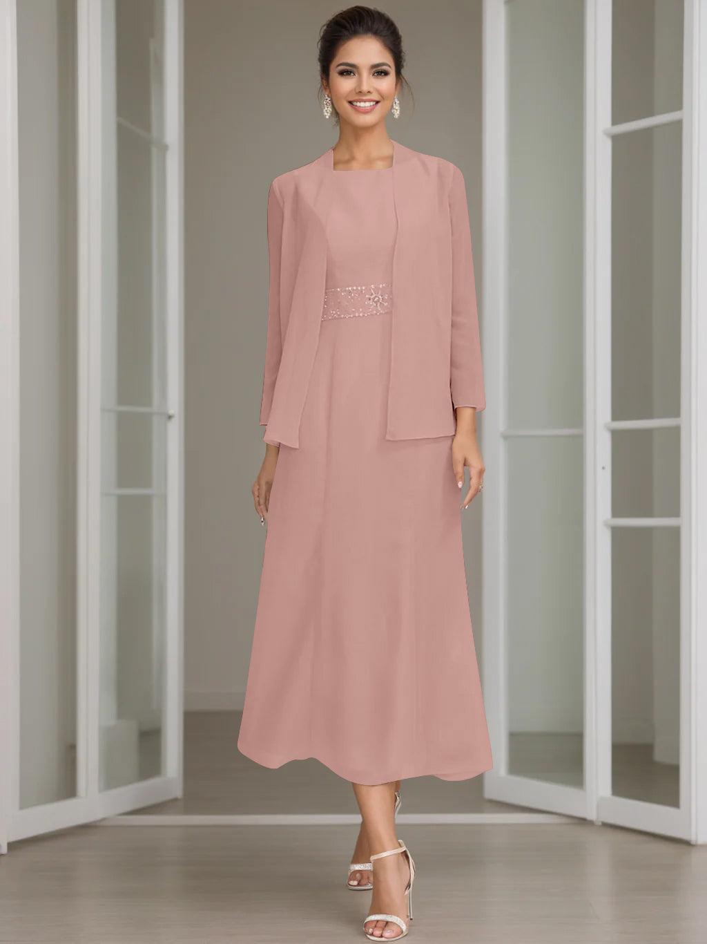 Tea Length Mother of the Bride Sheath Dress with Beaded Jacket