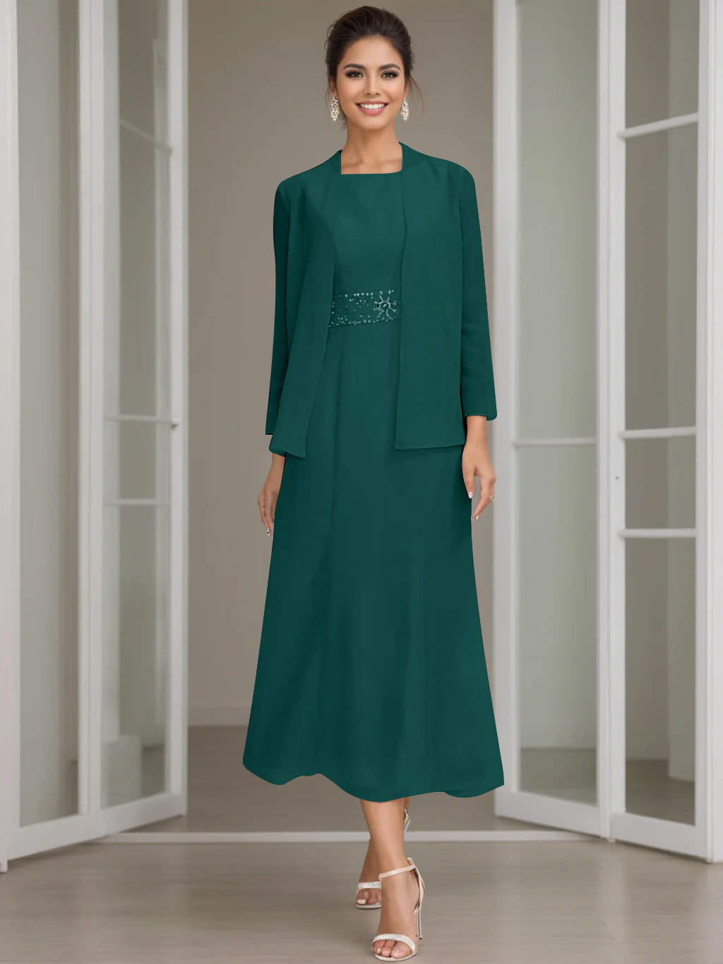 Tea Length Mother of the Bride Sheath Dress with Beaded Jacket