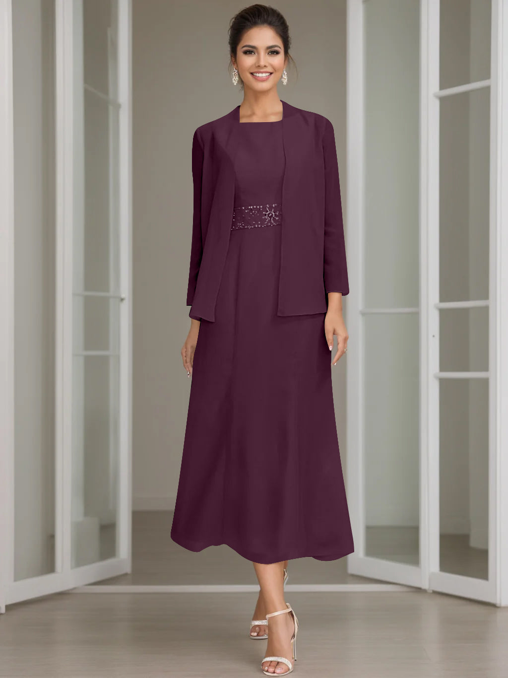 Tea Length Mother of the Bride Sheath Dress with Beaded Jacket