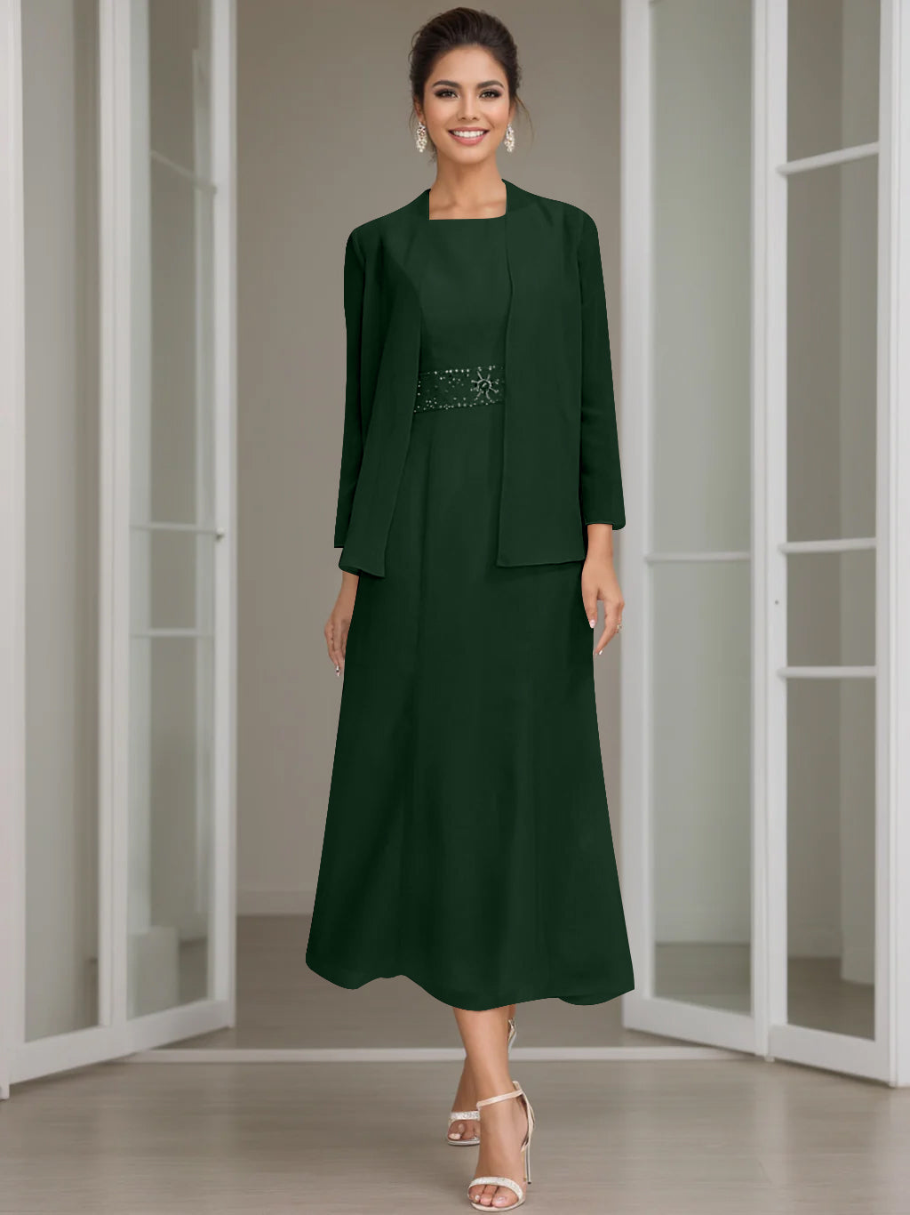 Tea Length Mother of the Bride Sheath Dress with Beaded Jacket