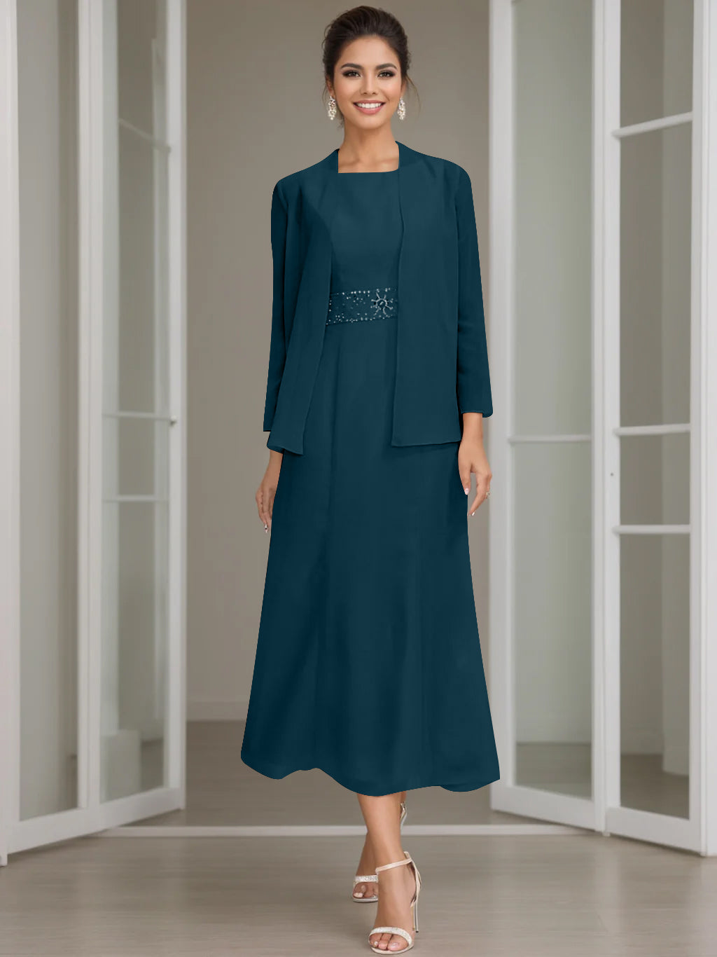 Tea Length Mother of the Bride Sheath Dress with Beaded Jacket