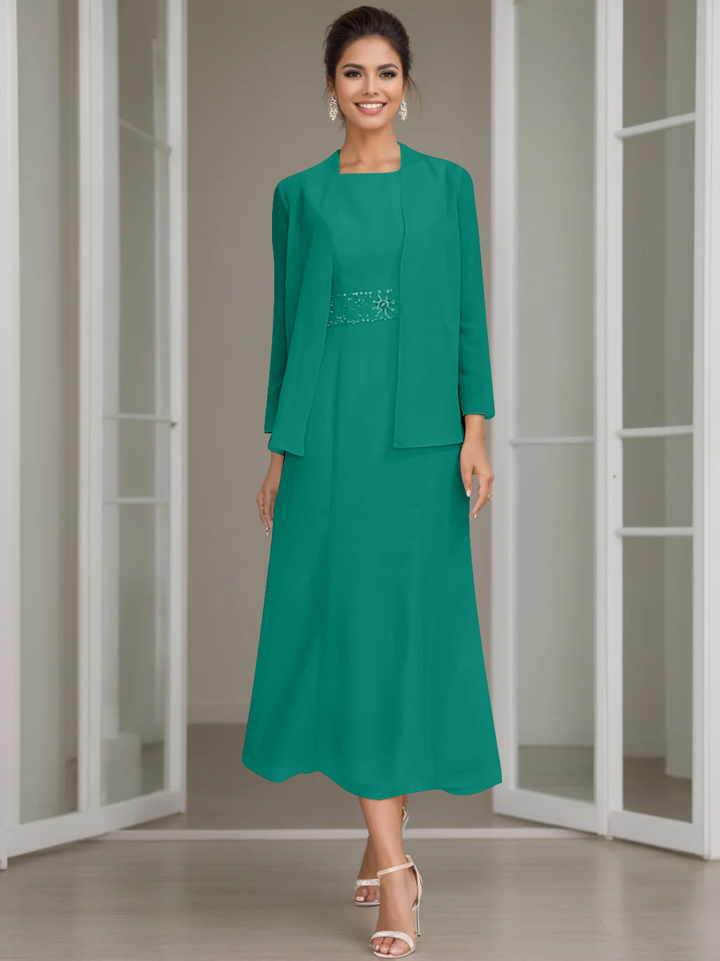 Tea Length Mother of the Bride Sheath Dress with Beaded Jacket