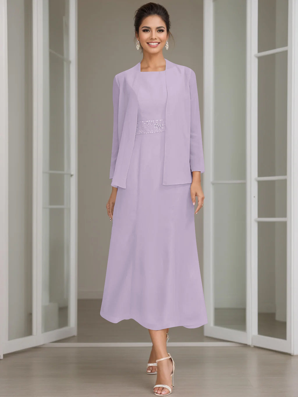 Tea Length Mother of the Bride Sheath Dress with Beaded Jacket