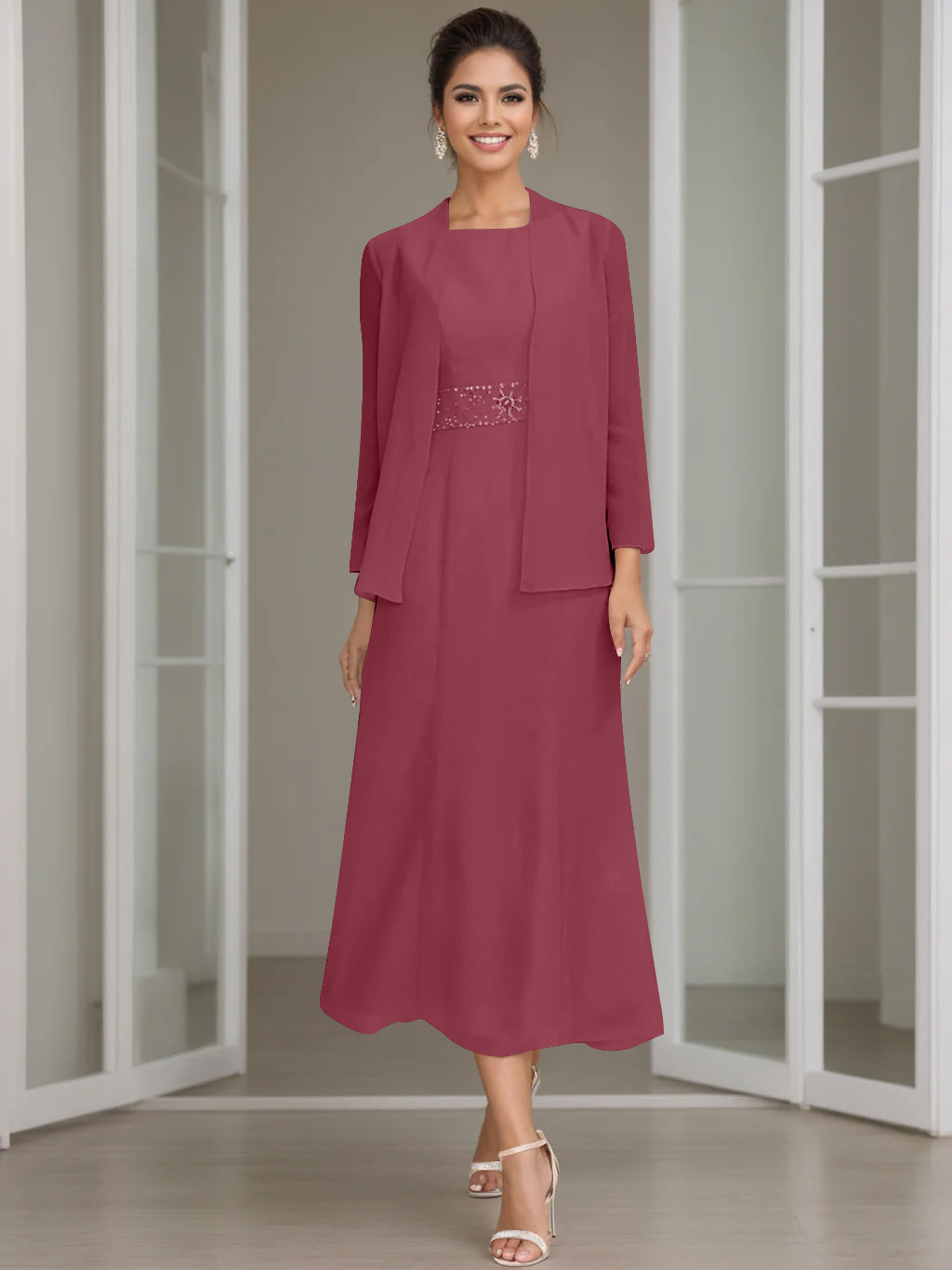Tea Length Mother of the Bride Sheath Dress with Beaded Jacket