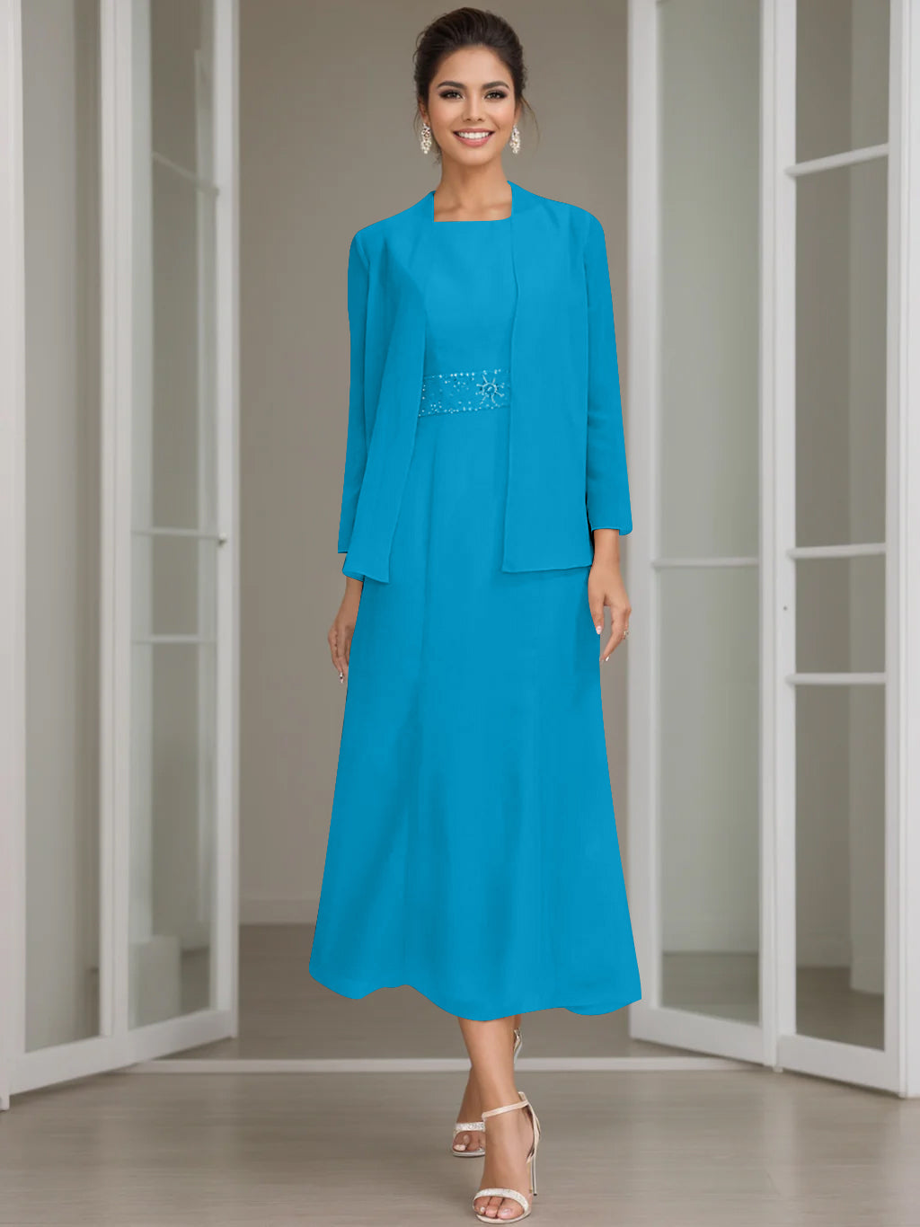 Tea Length Mother of the Bride Sheath Dress with Beaded Jacket