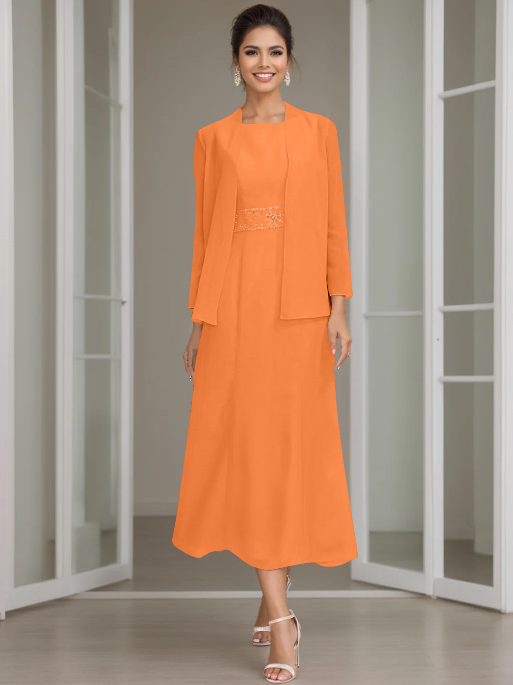 Tea Length Mother of the Bride Sheath Dress with Beaded Jacket