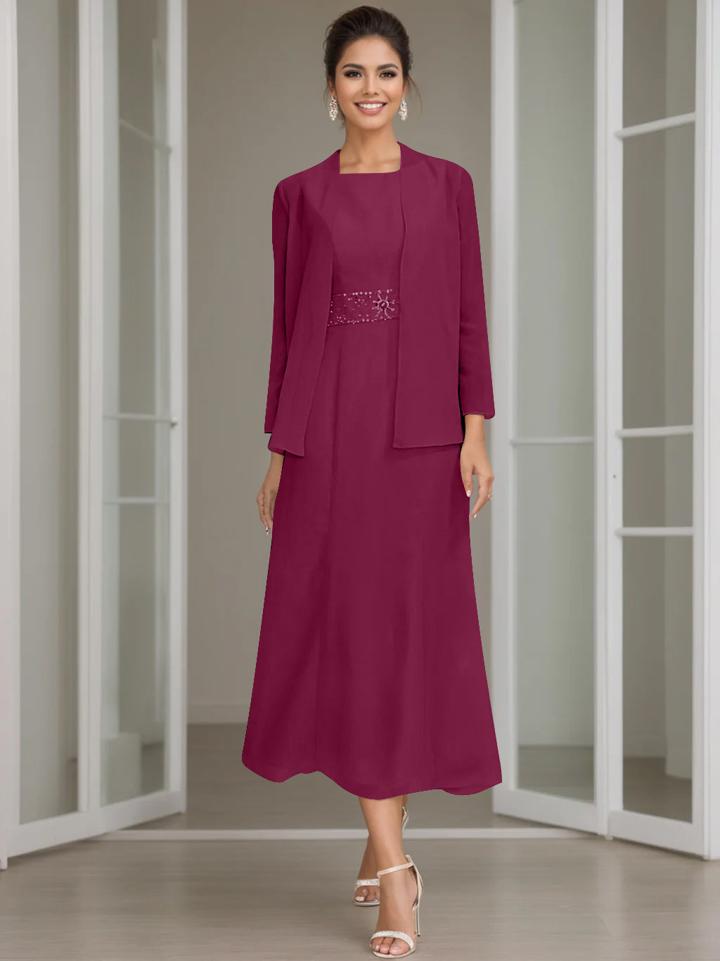 Tea Length Mother of the Bride Sheath Dress with Beaded Jacket
