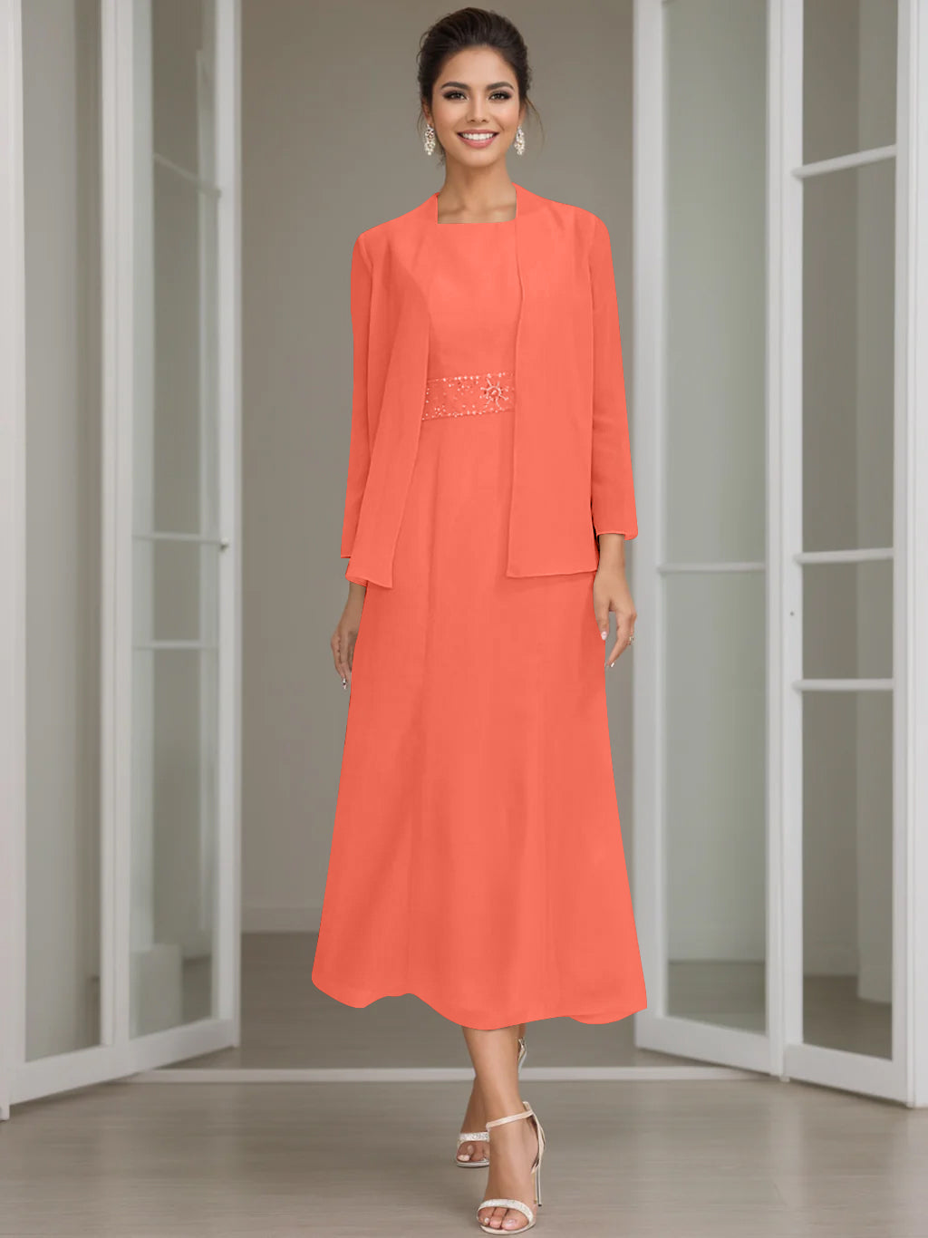 Tea Length Mother of the Bride Sheath Dress with Beaded Jacket