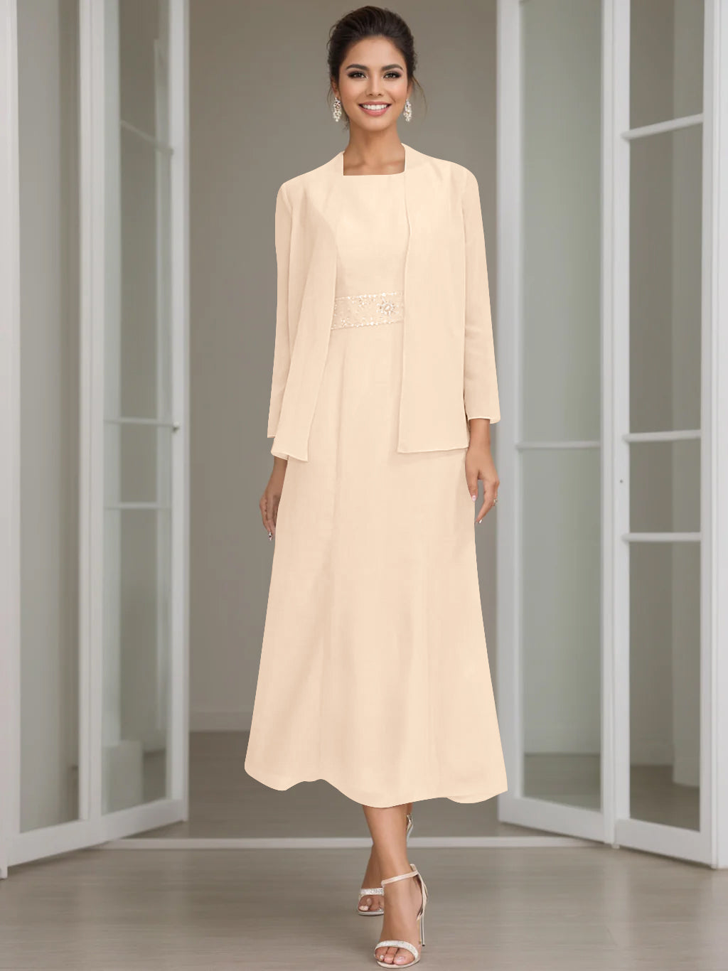 Tea Length Mother of the Bride Sheath Dress with Beaded Jacket