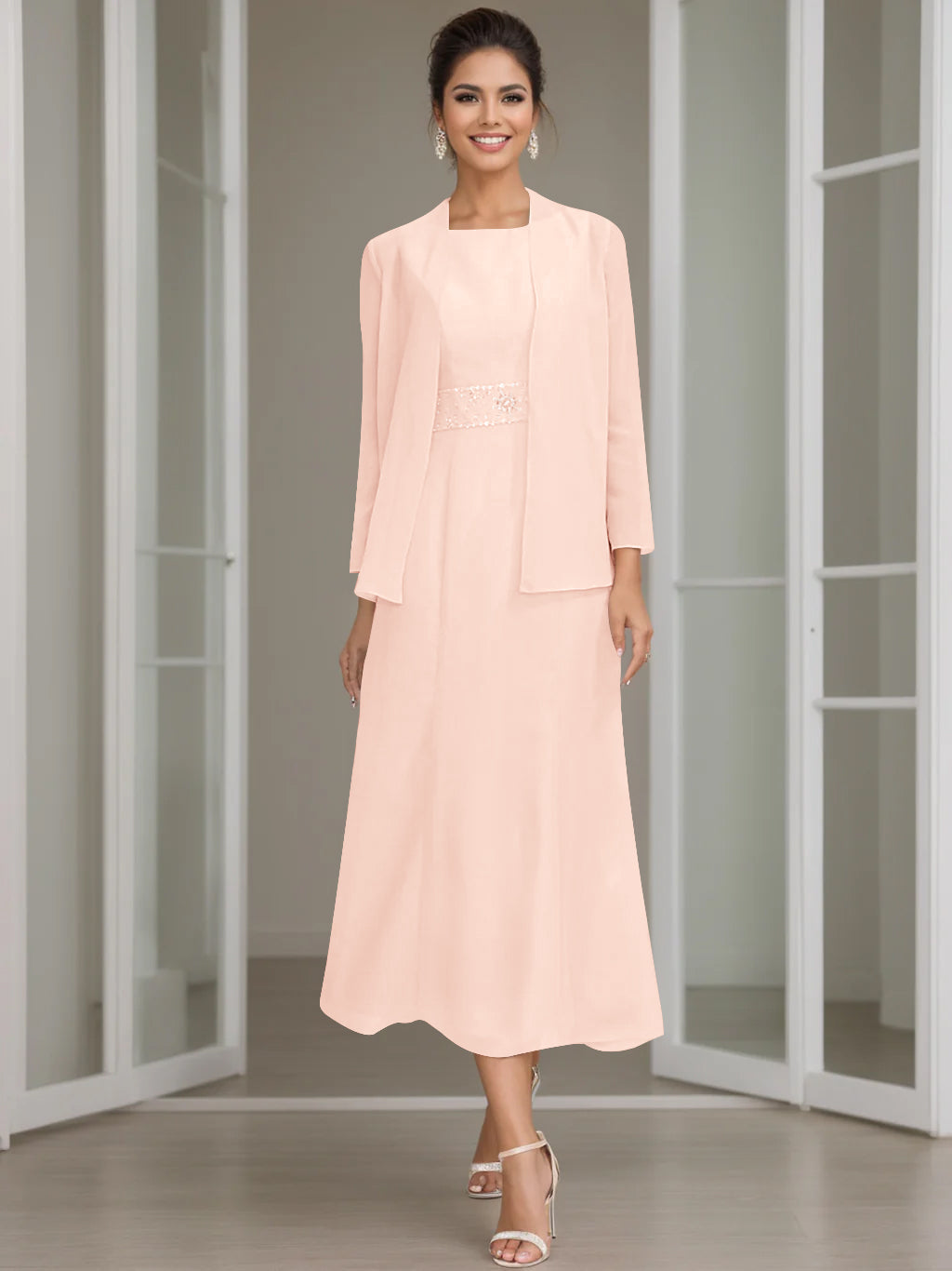 Tea Length Mother of the Bride Sheath Dress with Beaded Jacket