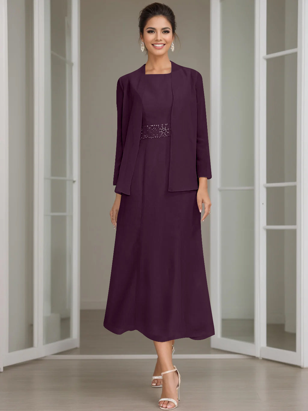 Tea Length Mother of the Bride Sheath Dress with Beaded Jacket