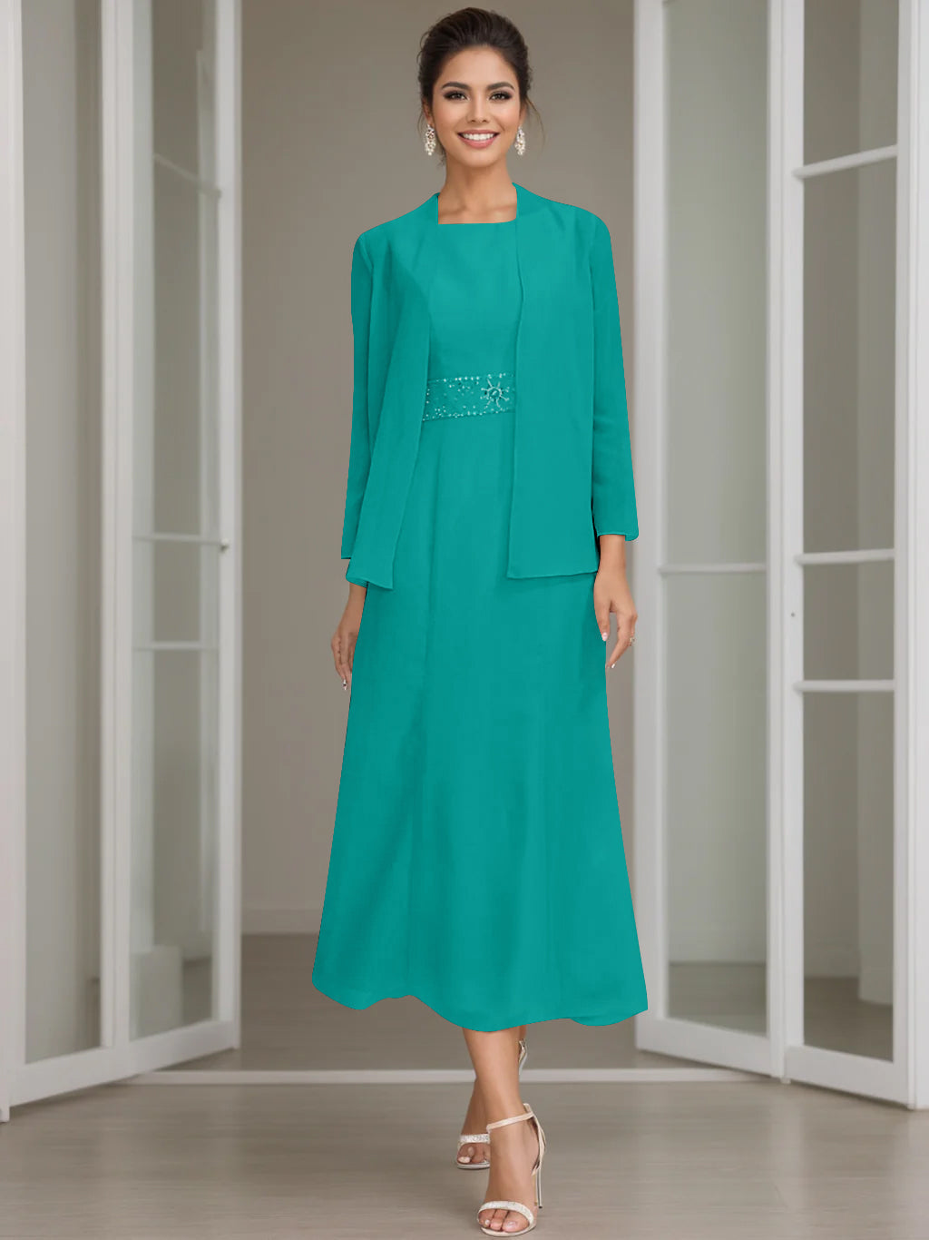 Tea Length Mother of the Bride Sheath Dress with Beaded Jacket