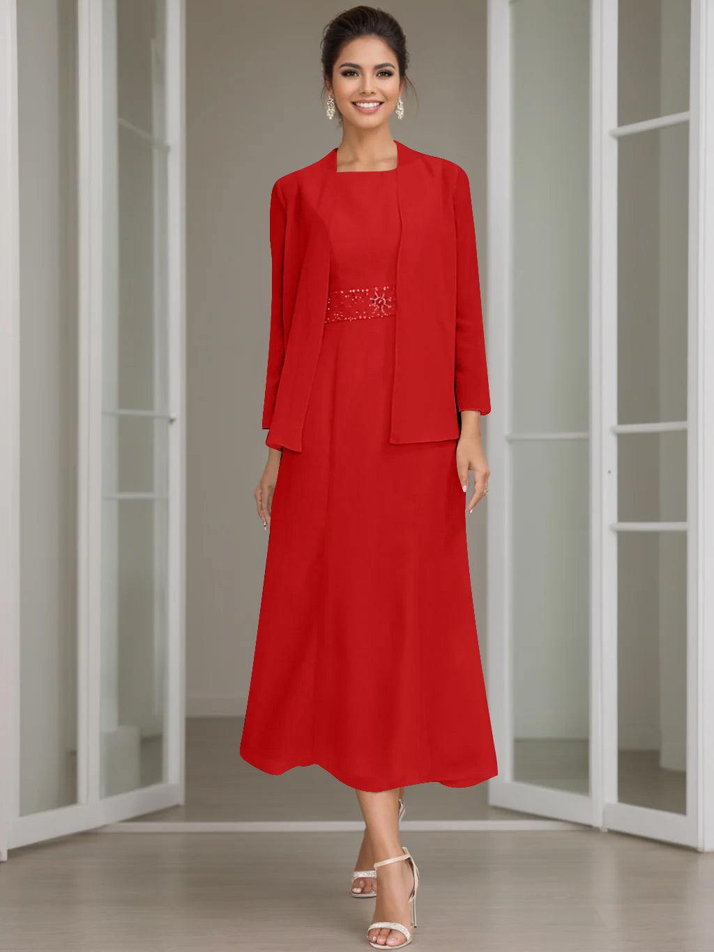 Tea Length Mother of the Bride Sheath Dress with Beaded Jacket