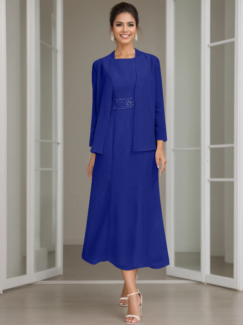 Tea Length Mother of the Bride Sheath Dress with Beaded Jacket