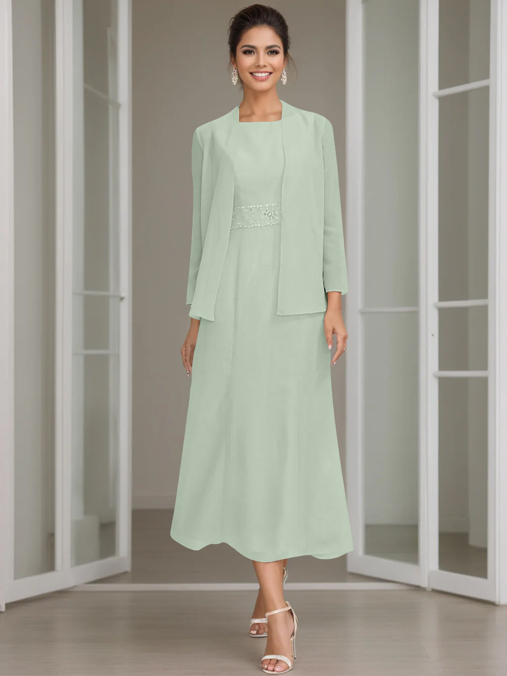 Tea Length Mother of the Bride Sheath Dress with Beaded Jacket