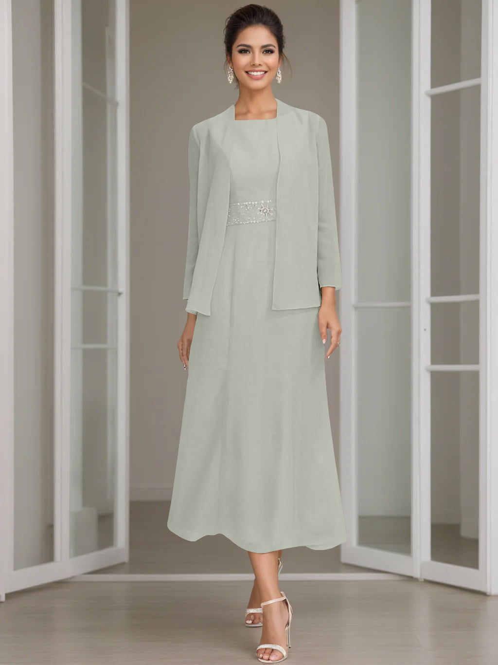 Tea Length Mother of the Bride Sheath Dress with Beaded Jacket