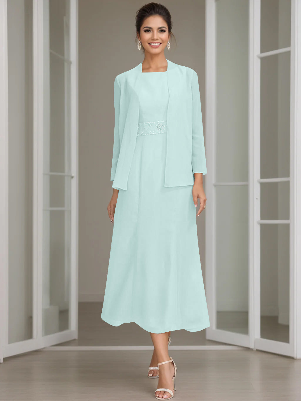 Tea Length Mother of the Bride Sheath Dress with Beaded Jacket