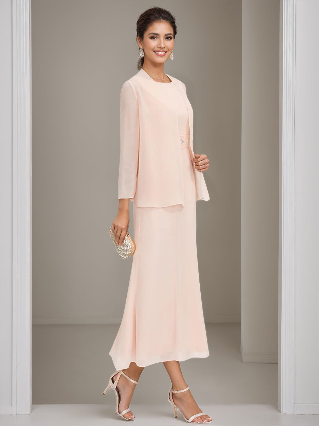 Tea Length Mother of the Bride Sheath Dress with Beaded Jacket
