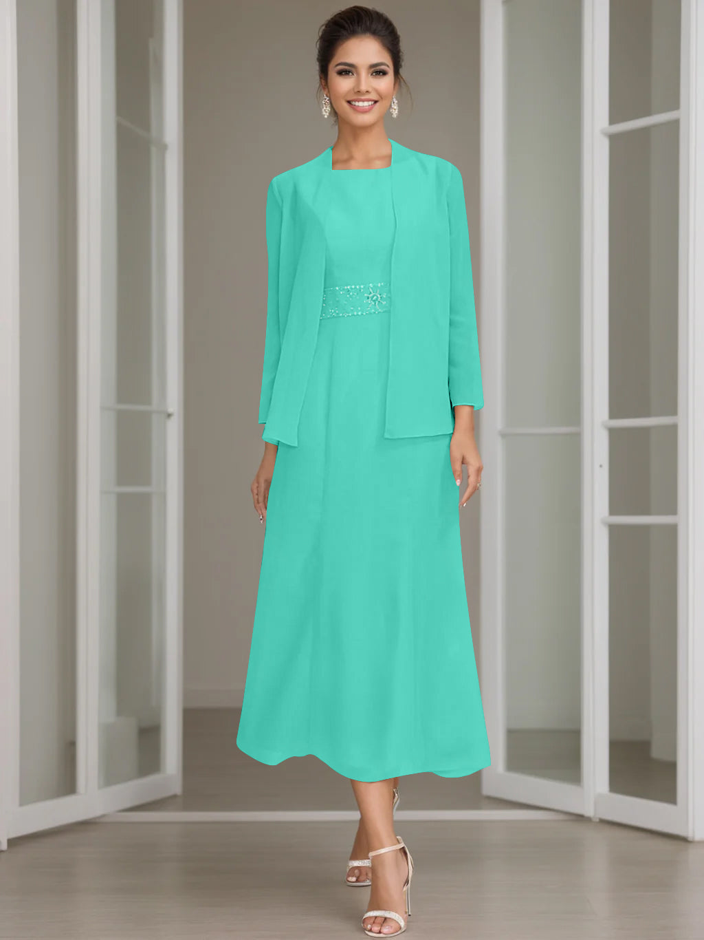 Tea Length Mother of the Bride Sheath Dress with Beaded Jacket