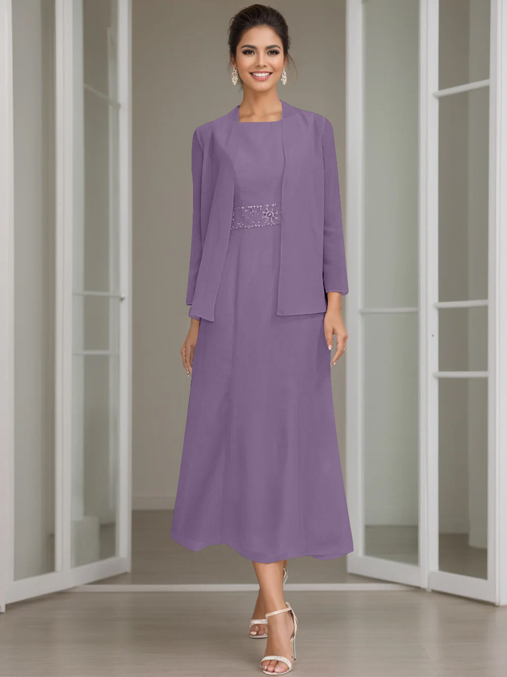 Tea Length Mother of the Bride Sheath Dress with Beaded Jacket