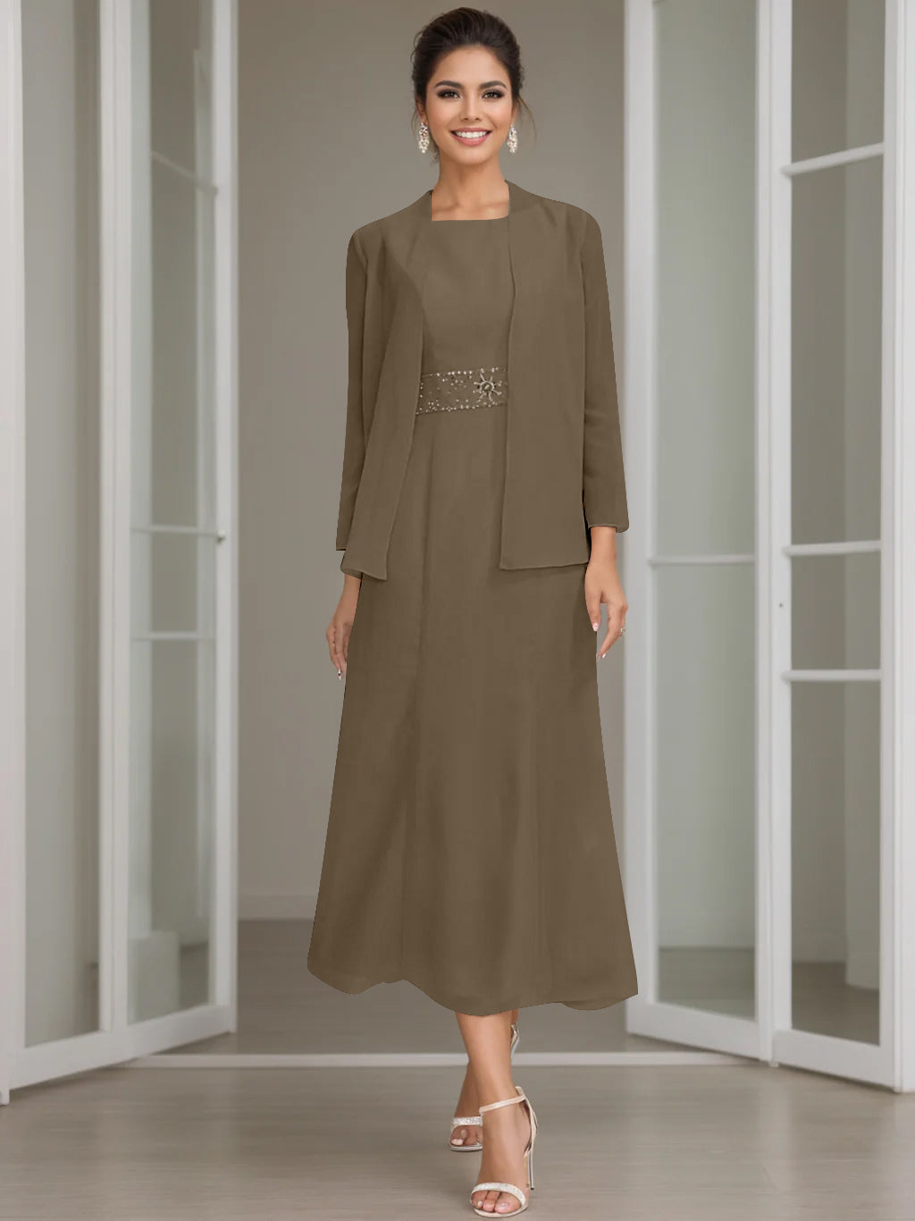 Tea Length Mother of the Bride Sheath Dress with Beaded Jacket