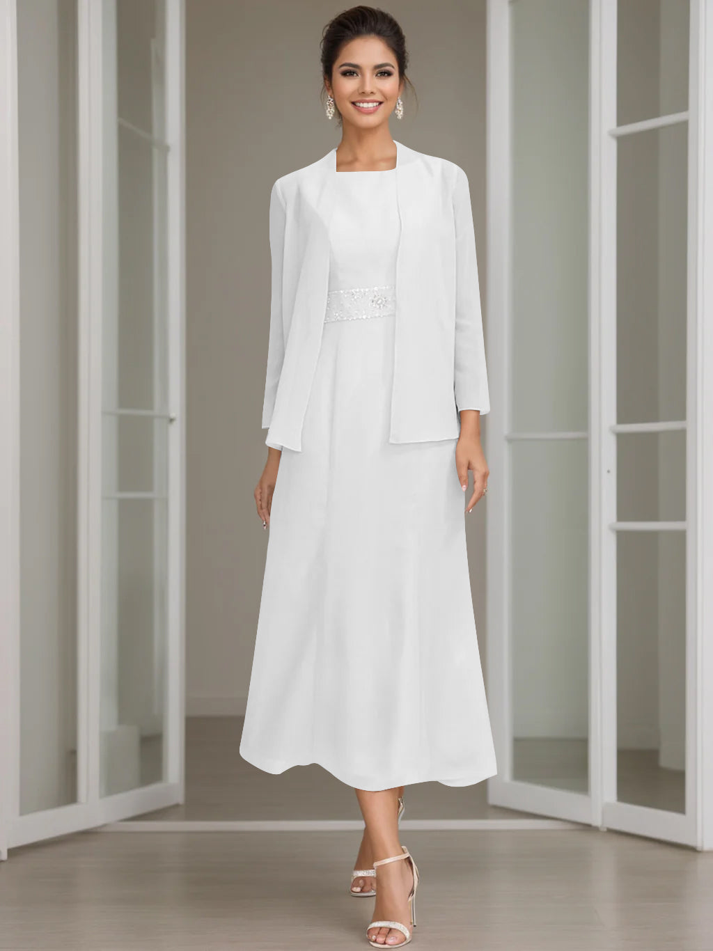 Tea Length Mother of the Bride Sheath Dress with Beaded Jacket