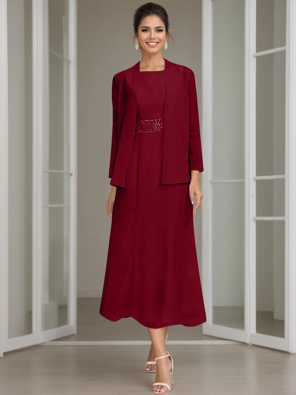 Tea Length Mother of the Bride Sheath Dress with Beaded Jacket
