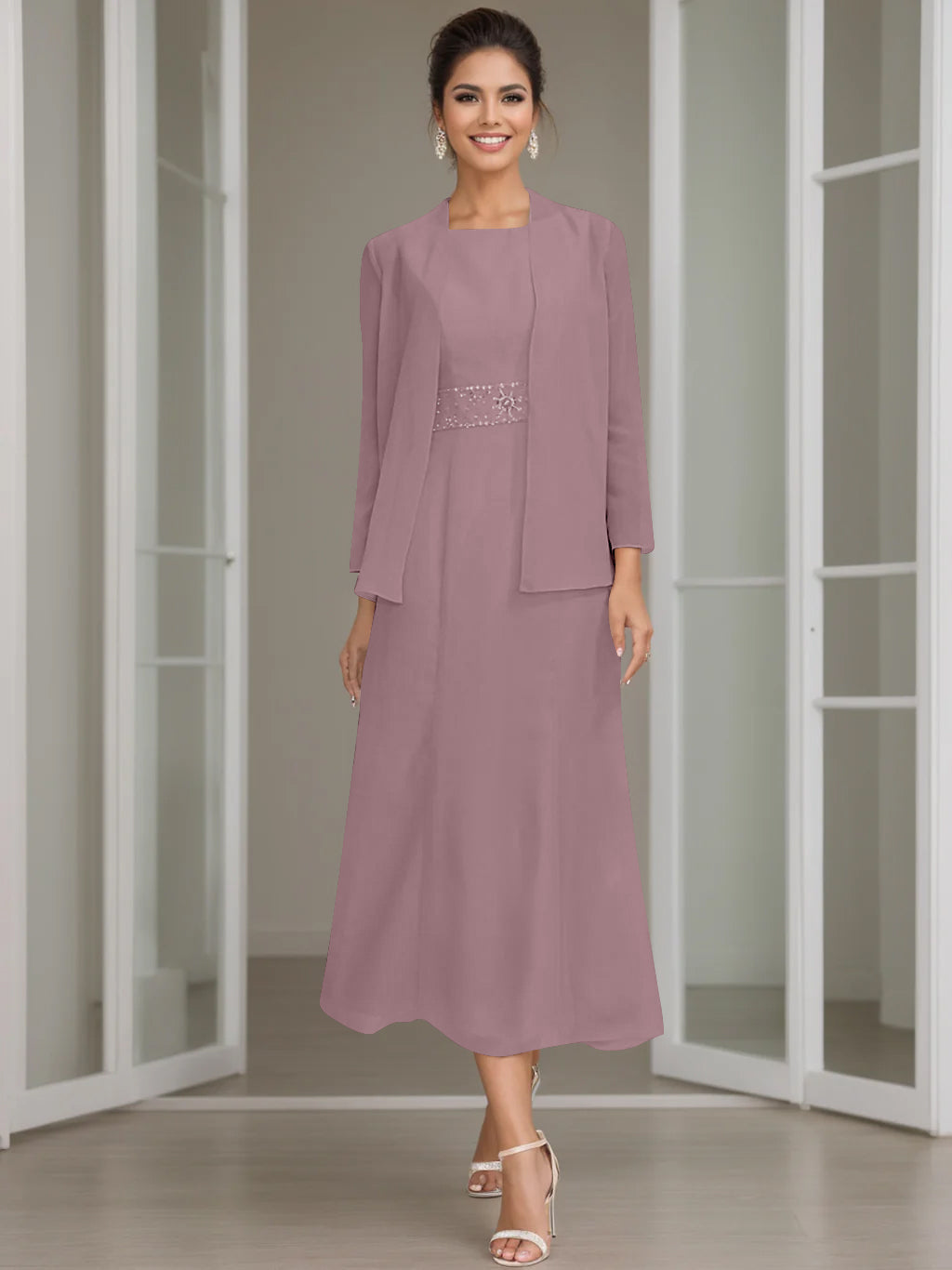 Tea Length Mother of the Bride Sheath Dress with Beaded Jacket